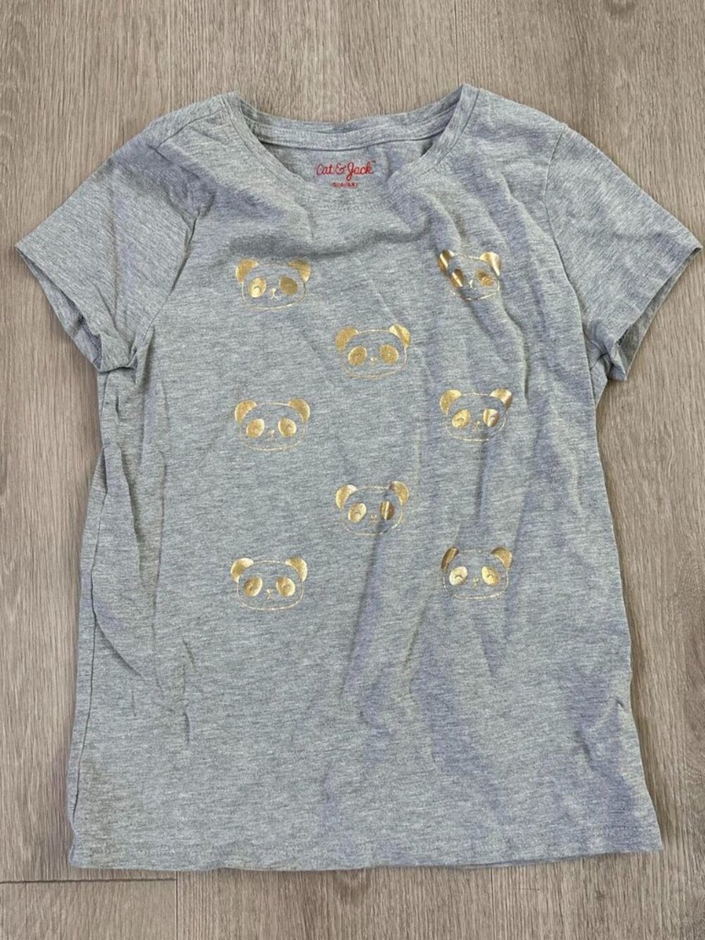 Cat & Jack Girls Panda Graphic T-Shirt Size 6/6X Gray Metallic Gold Short Sleeve